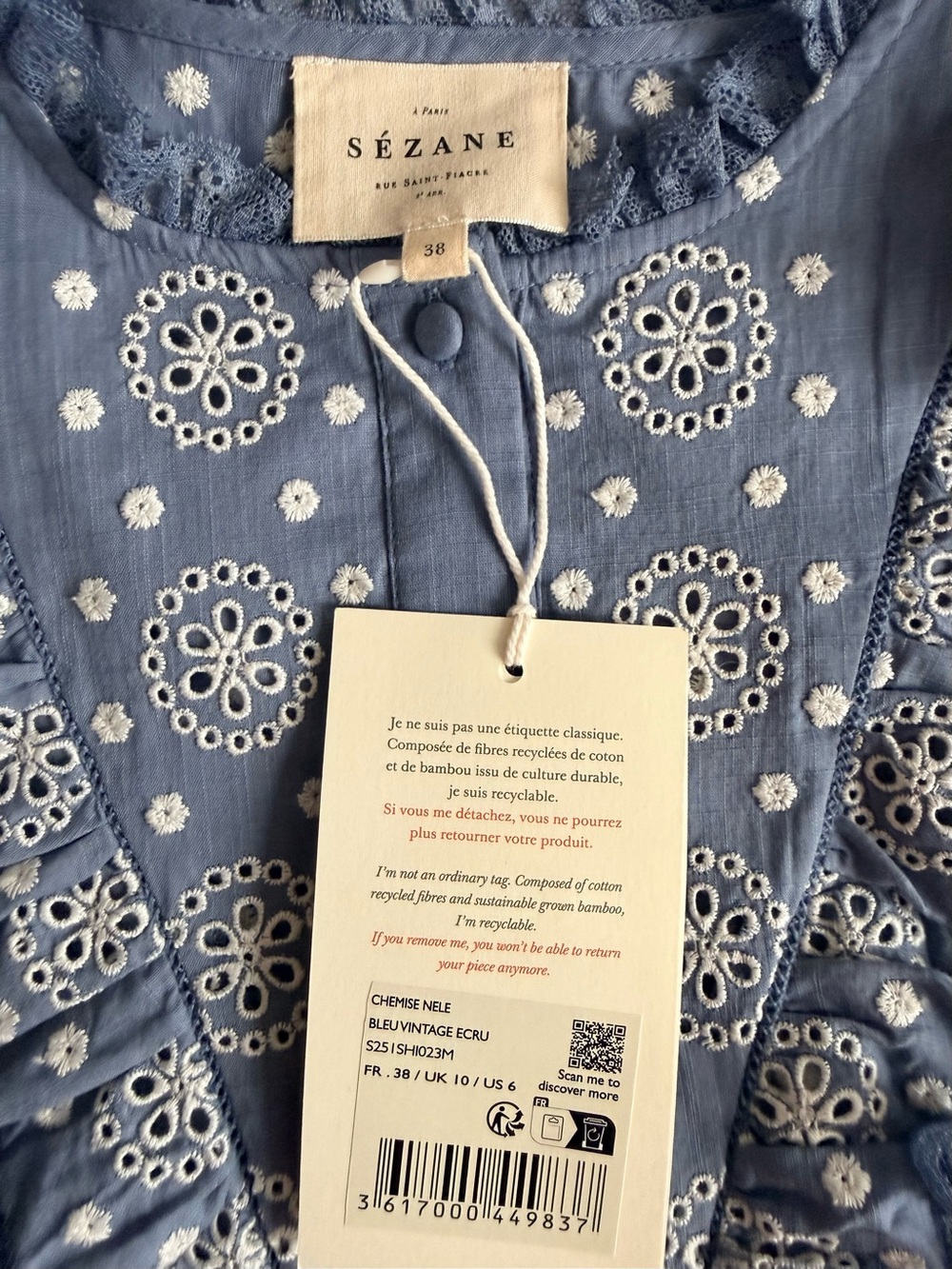 Sézane Nele Shirt. Vintage Blue&Ecru. Size38/US6 - Picture 5 of 7